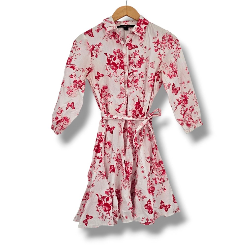 Cynthia Steffe Red White Floral Butterfly Toile Belted Shirt Dress Size Small